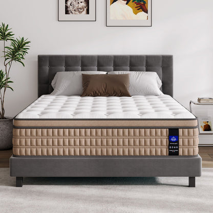14in King Hybrid Mattress with Gel Memory Foam & Pocket Springs, beige quilted sides on Tampa Home & Garden Store