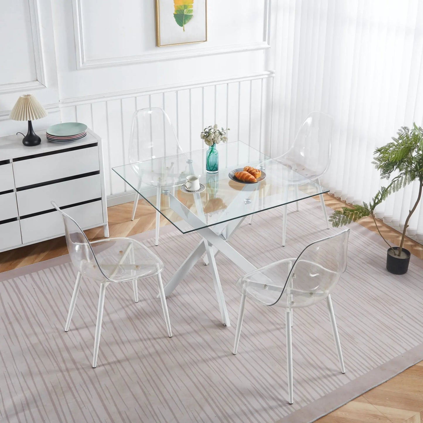 Dining table with tempered glass top and cross metal legs, square modern design on Tampa Home & Garden Store