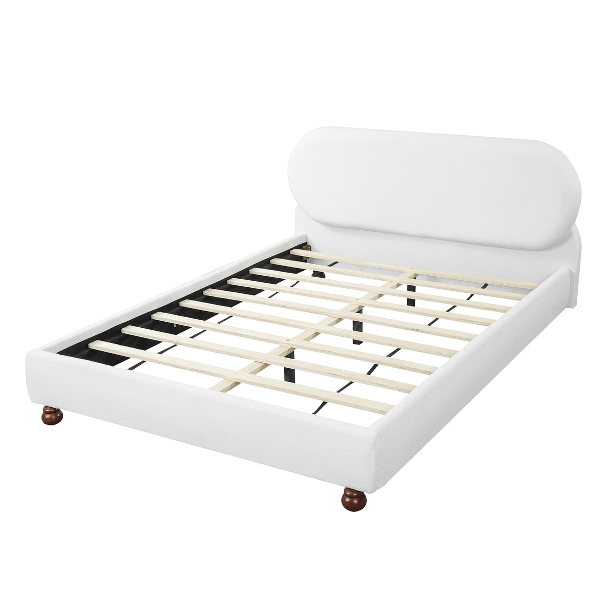 Cream bouclé upholstered bed frame with rubber wood foot, Queen size, by HouseOfZazla on Tampa Home & Garden Store
