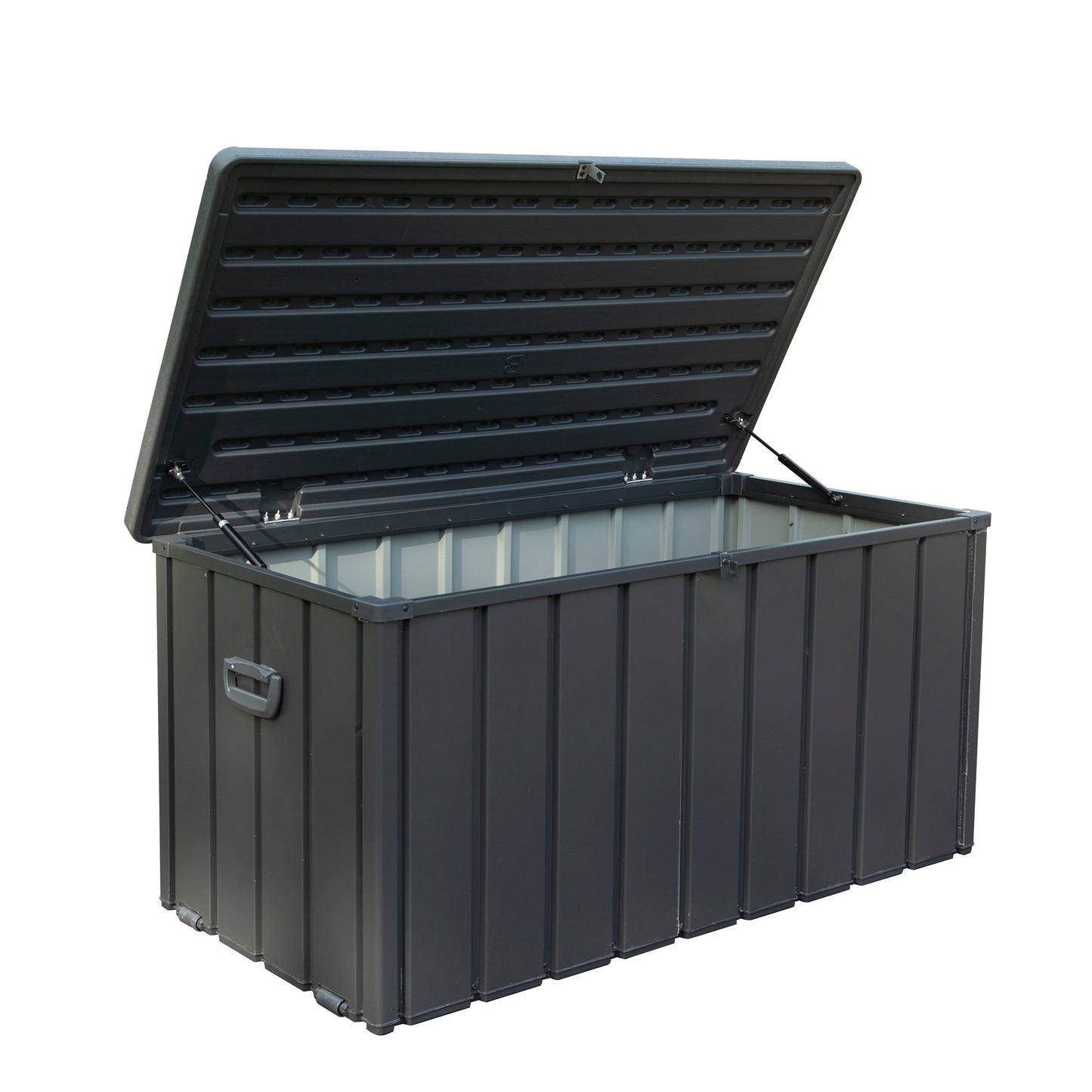 100 gallon dark gray outdoor storage deck box with waterproof lid, open showing interior on Tampa Home & Garden Store
