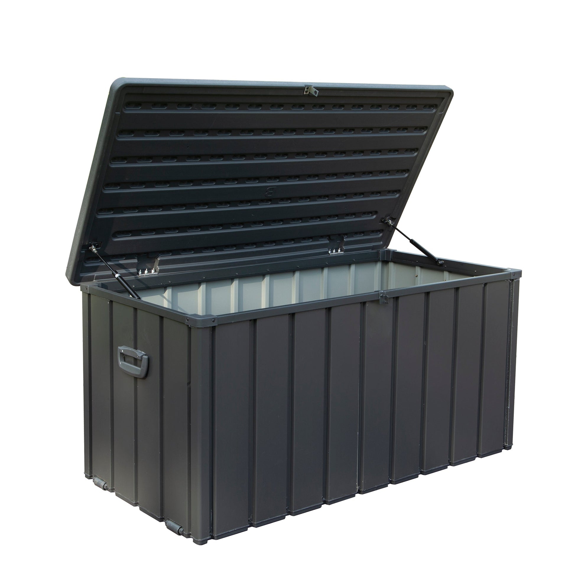 100 gallon dark gray outdoor storage deck box with waterproof lid, open showing interior on Tampa Home & Garden Store
