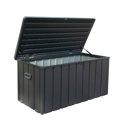 100 gallon dark gray outdoor storage deck box with waterproof lid, open showing interior on Tampa Home & Garden Store