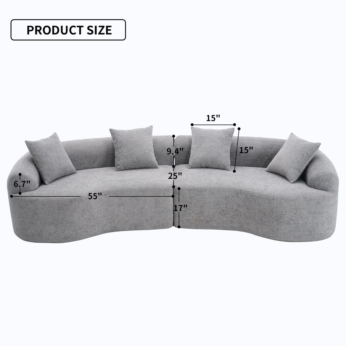 4 seater grey fabric sofa with four cushions and measurement callouts on Tampa Home & Garden Store