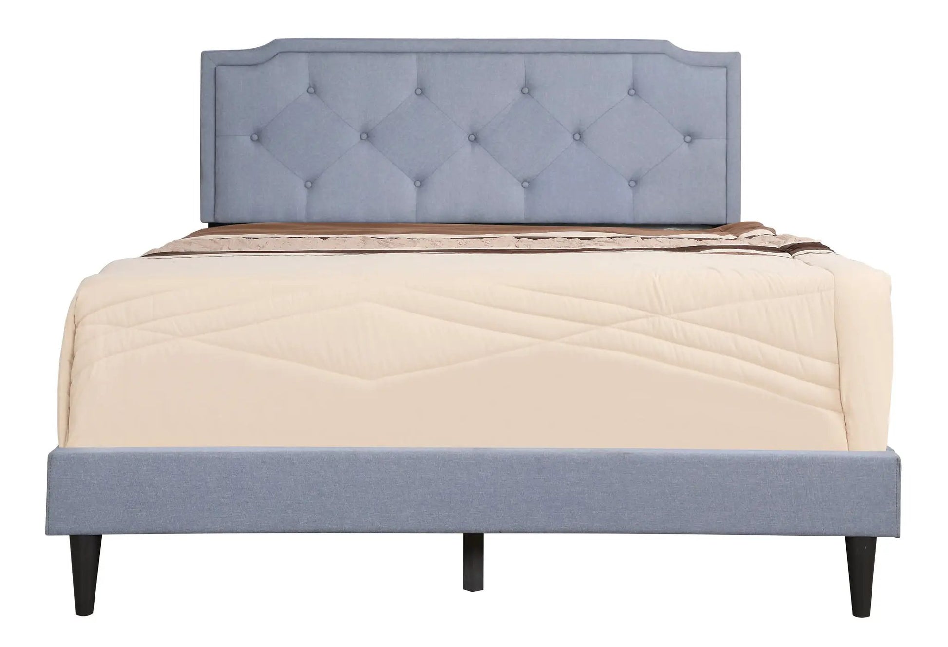 Button tufted upholstered bed in blue-gray fabric with diamond tufting, Unique Piece Furniture on Tampa Home & Garden Store