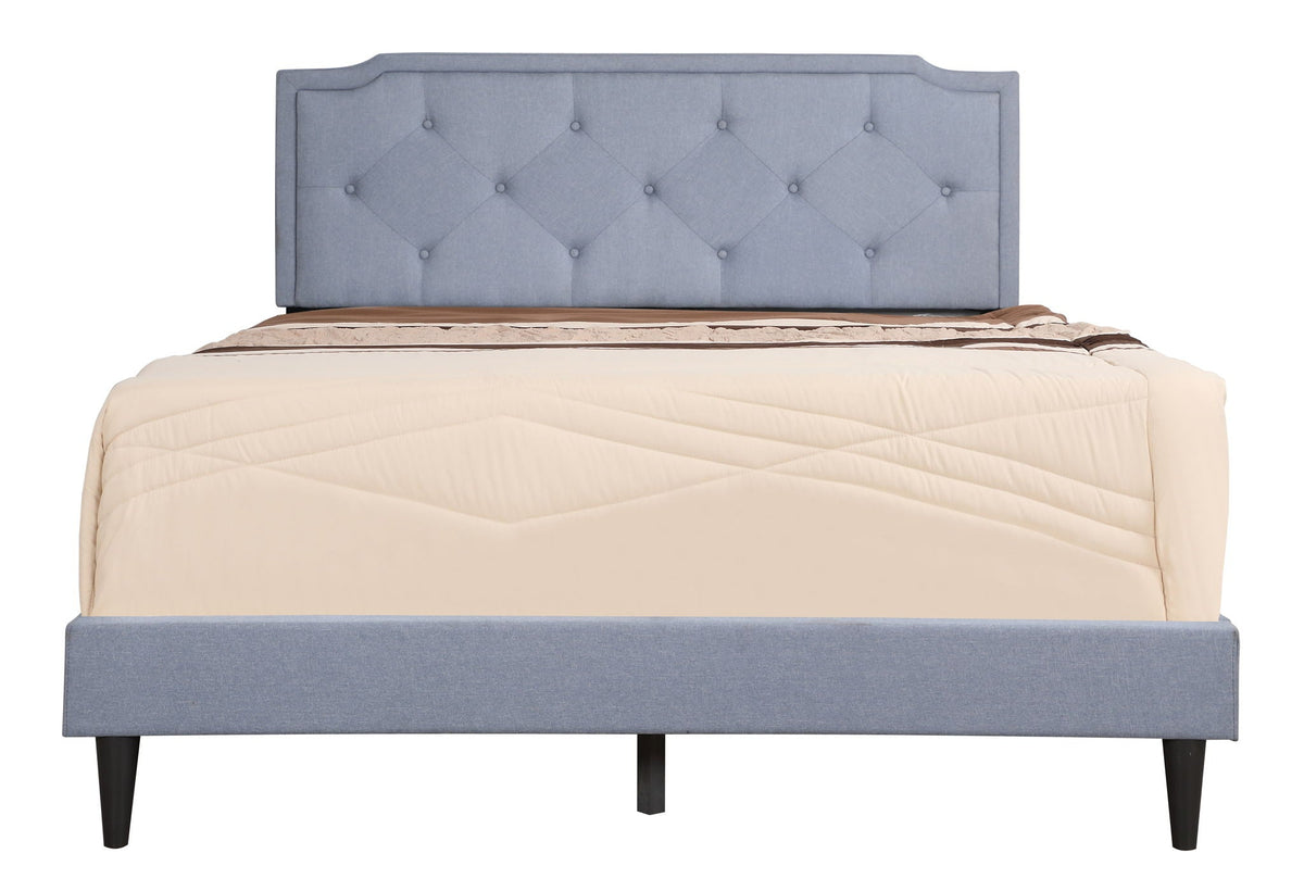 Button tufted upholstered bed with blue headboard and beige quilted bedding by HouseOfZazla on Tampa Home & Garden Store