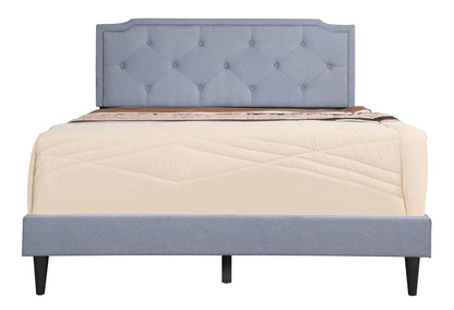 Button tufted upholstered bed with blue headboard and beige quilted bedding by HouseOfZazla on Tampa Home & Garden Store