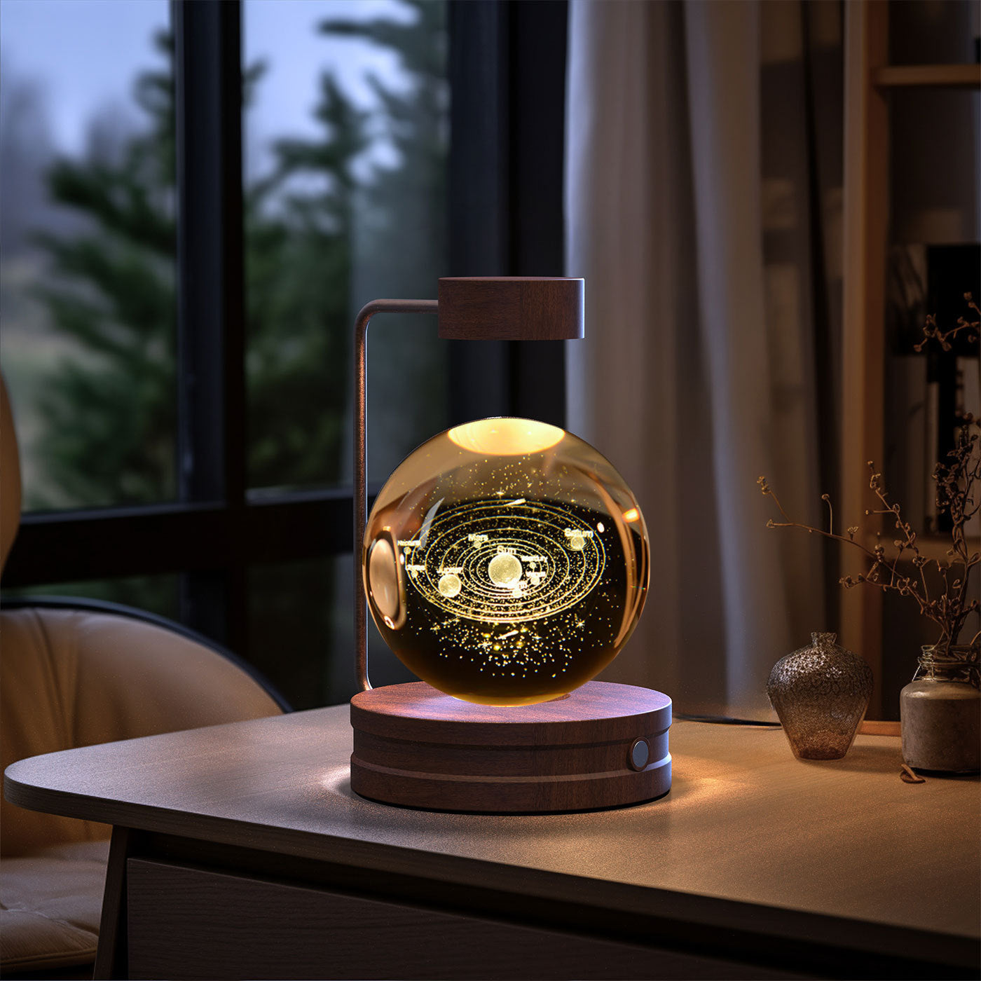 Crystal Ball Cosmic Night Light by Sell My Stuff, USB powered bedside lamp on wooden base with arc on Tampa Home & Garden Store
