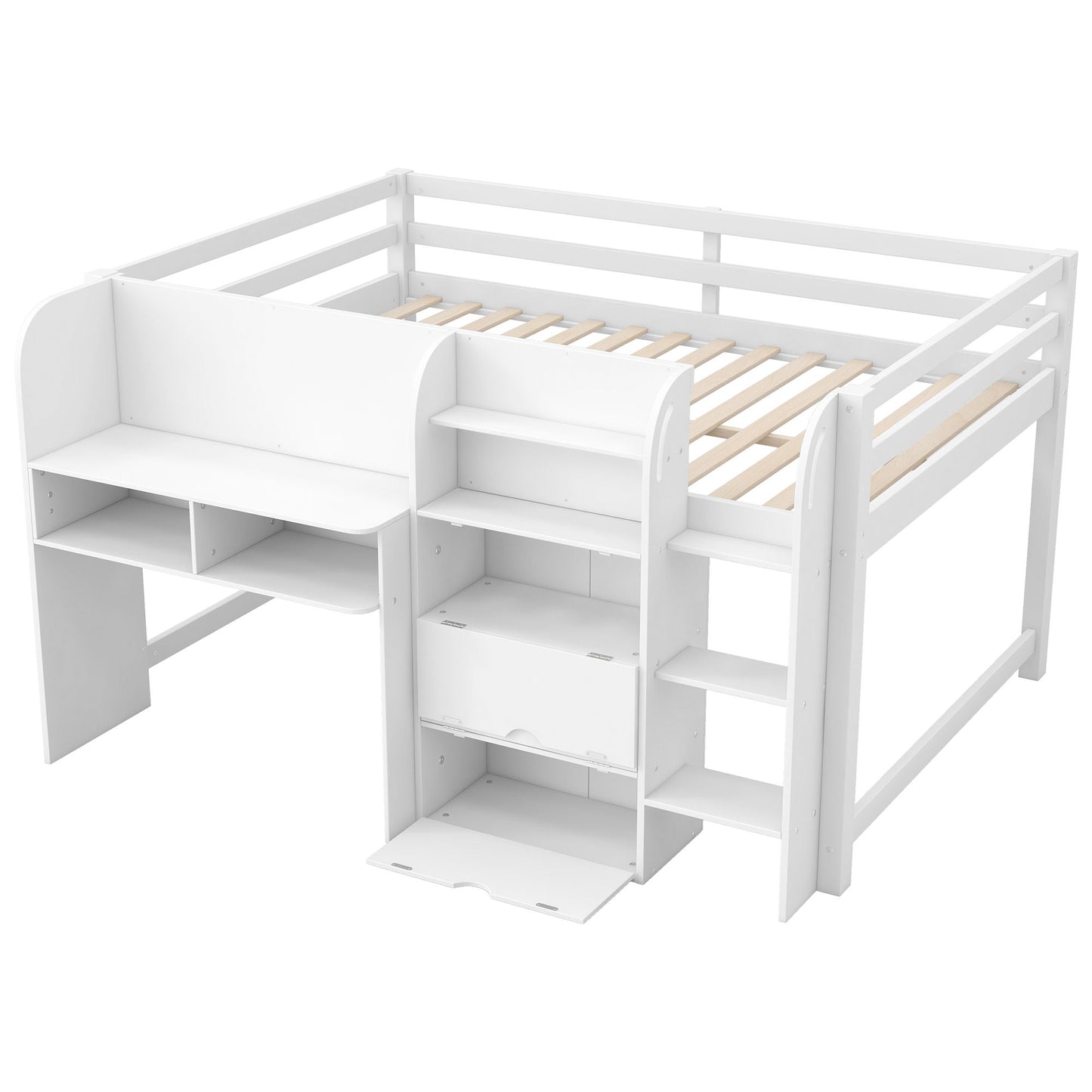 Low white loft bed with built-in desk, open bookcase and storage cabinets on Tampa Home & Garden Store