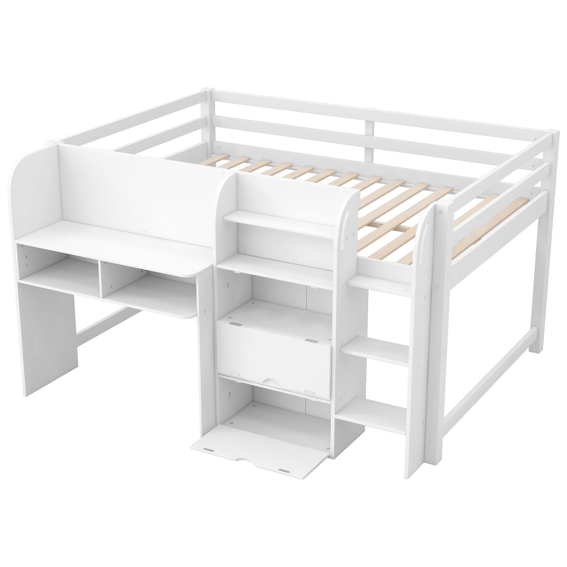 Low white loft bed with built-in desk, open bookcase and storage cabinets on Tampa Home & Garden Store