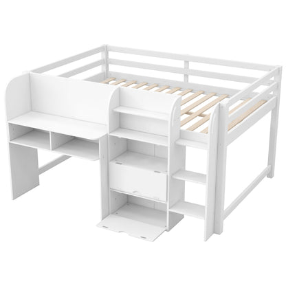 Low white loft bed with built-in desk, open bookcase and storage cabinets on Tampa Home & Garden Store