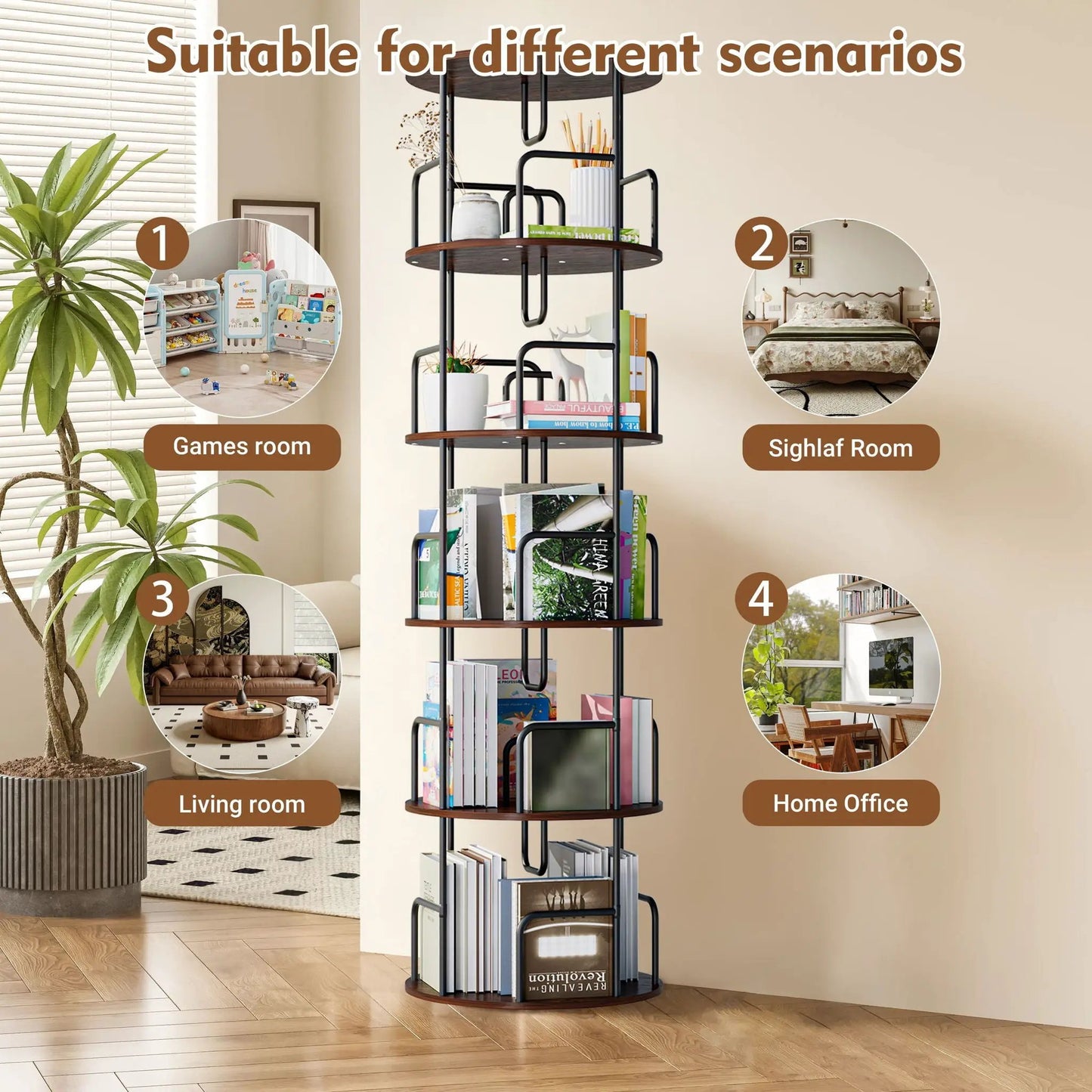 Rotating Bookshelf Tower 5 Tier Spinning Shelf