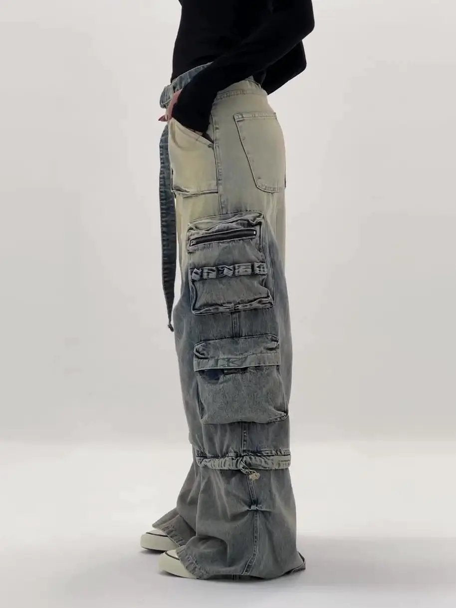 High-Waisted Ombre Cargo Jeans with multiple pockets, faded blue-gray denim, by FLIPSTYLEZLLC on Tampa Home & Garden Store
