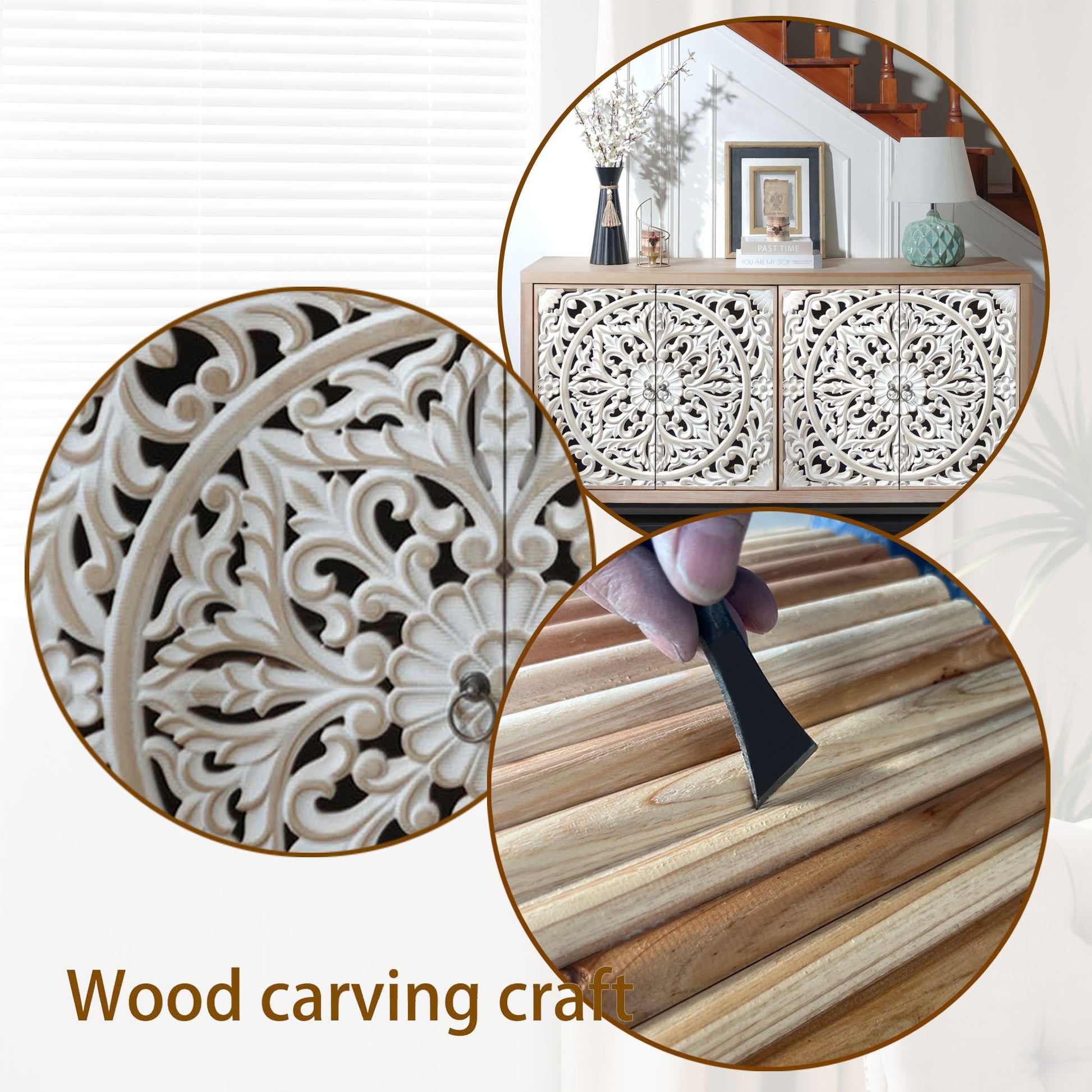 4 door wood cabinet with vintage carved white panel fronts on natural wood frame on Tampa Home & Garden Store