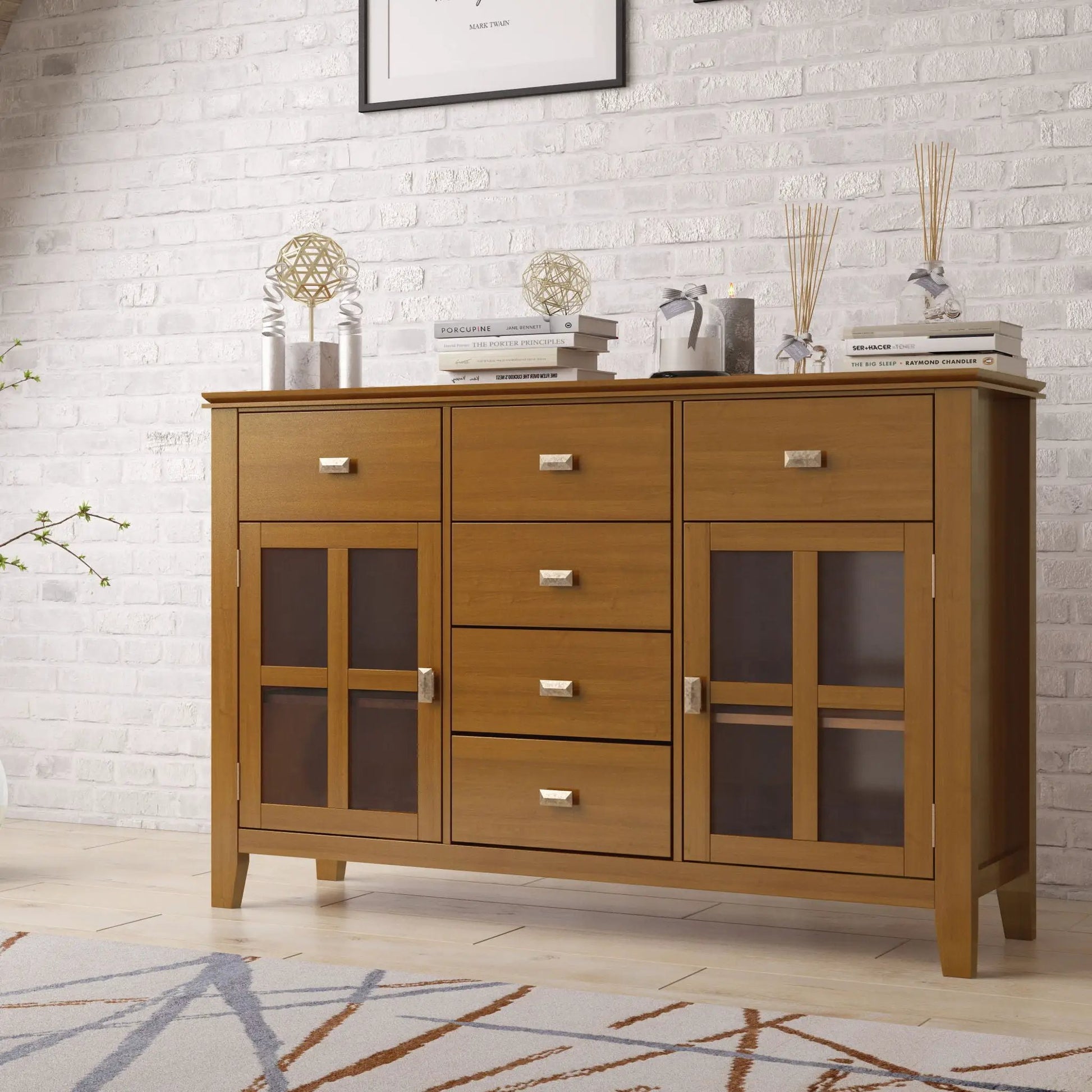 Artisan Handcrafted Sideboard Buffet in warm oak finish with glass-front doors on Tampa Home & Garden Store