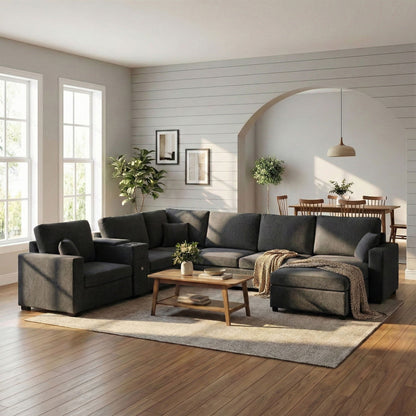 Modular 5-seat U-shaped sectional sofa with chaise in dark gray fabric by HouseOfZazla on Tampa Home & Garden Store