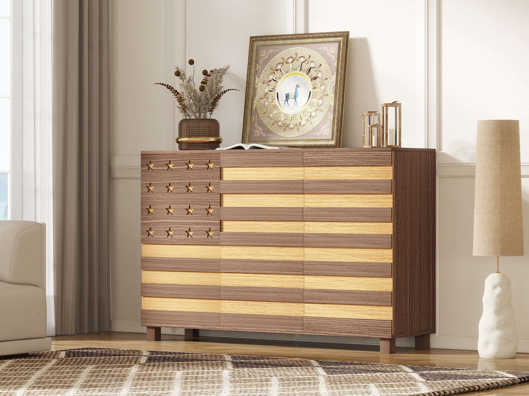 55-Inch Hand-Carved Buffet Sideboard Cabinet by HouseOfZazla two-tone wood with star-front panel on Tampa Home & Garden Store