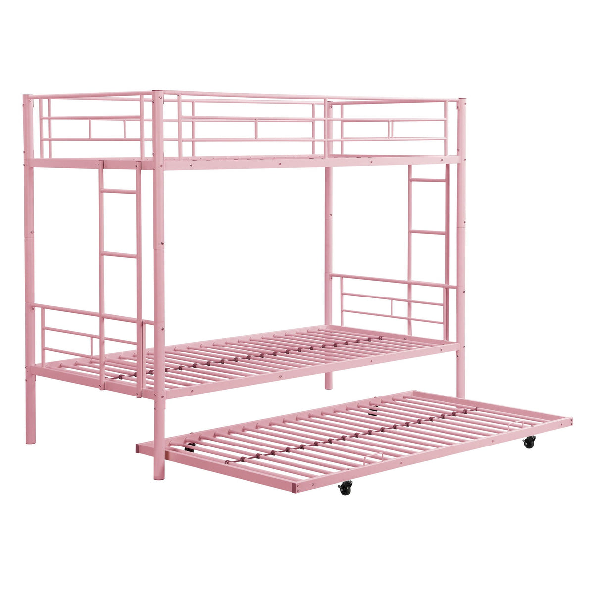 Pink metal bunk bed with trundle, includes ladder and slatted base on Tampa Home & Garden Store