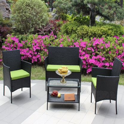 4 pc rattan patio furniture set with black wicker chairs and lime green cushions on Tampa Home & Garden Store
