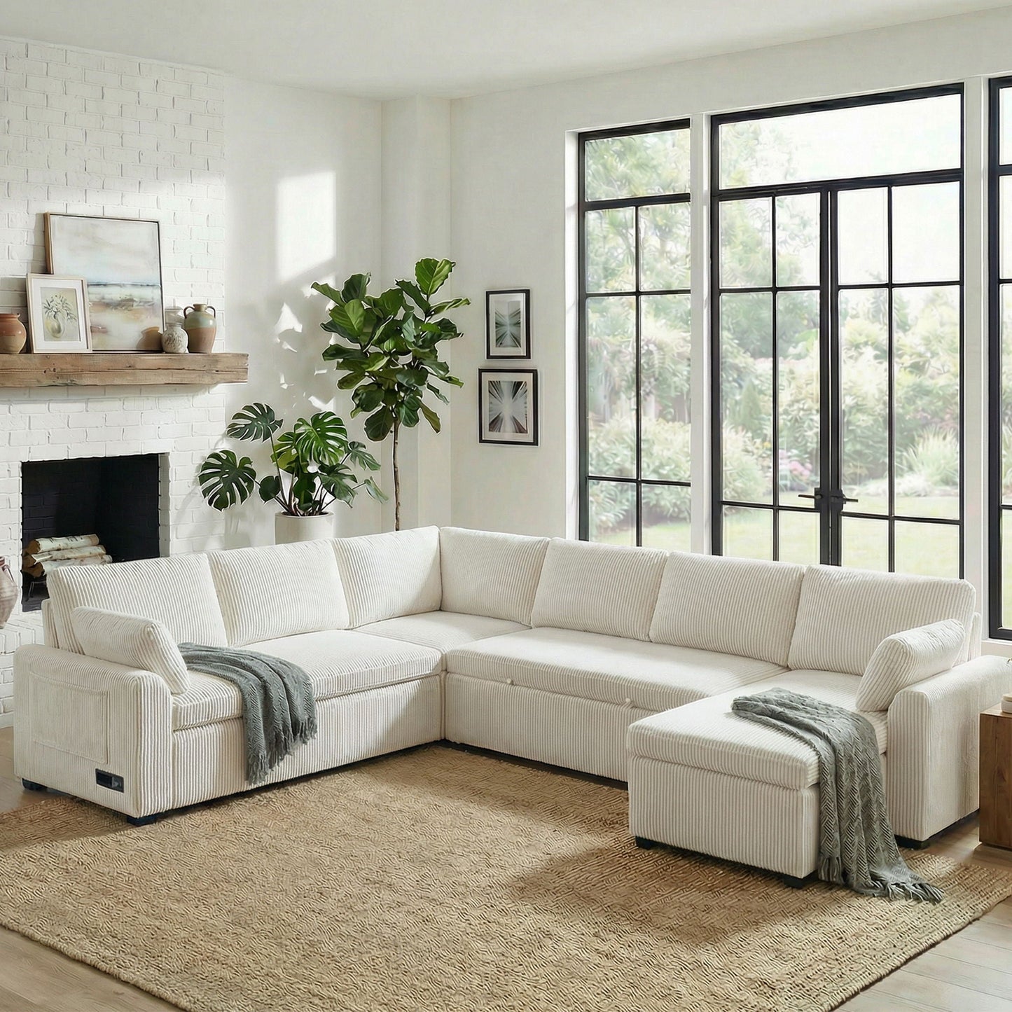 Convertible U-shaped sectional sofa bed with reversible chaise in white striped fabric on Tampa Home & Garden Store