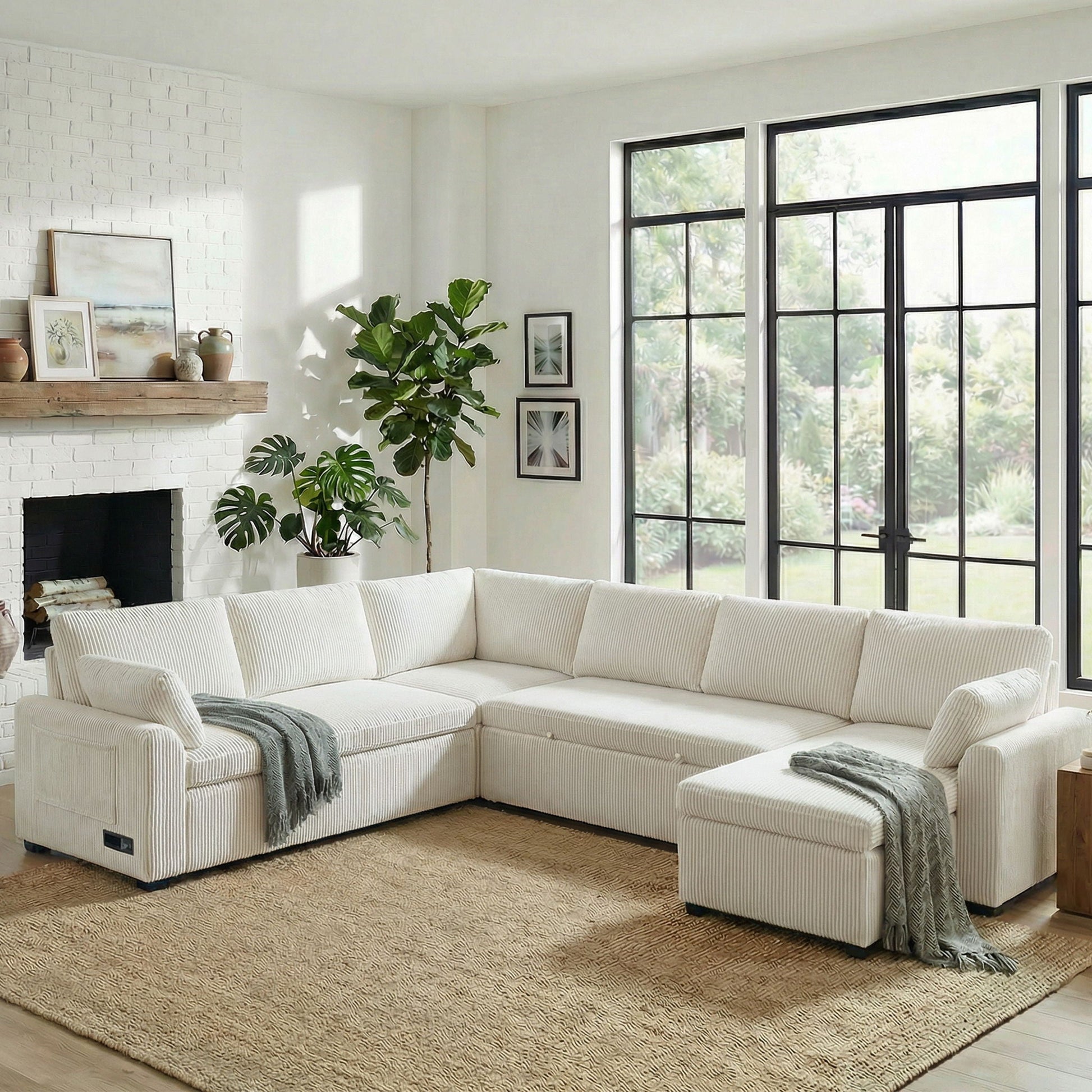 Convertible U-shaped sectional sofa bed with reversible chaise in white striped fabric on Tampa Home & Garden Store