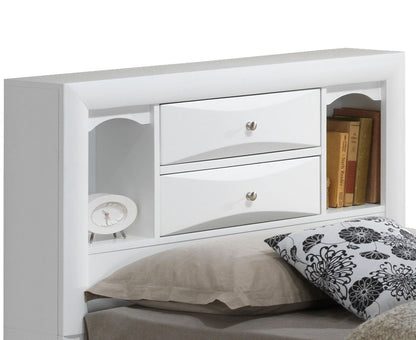 Modern design storage bed with bookcase headboard in white, dual drawers and side cubbies on Tampa Home & Garden Store