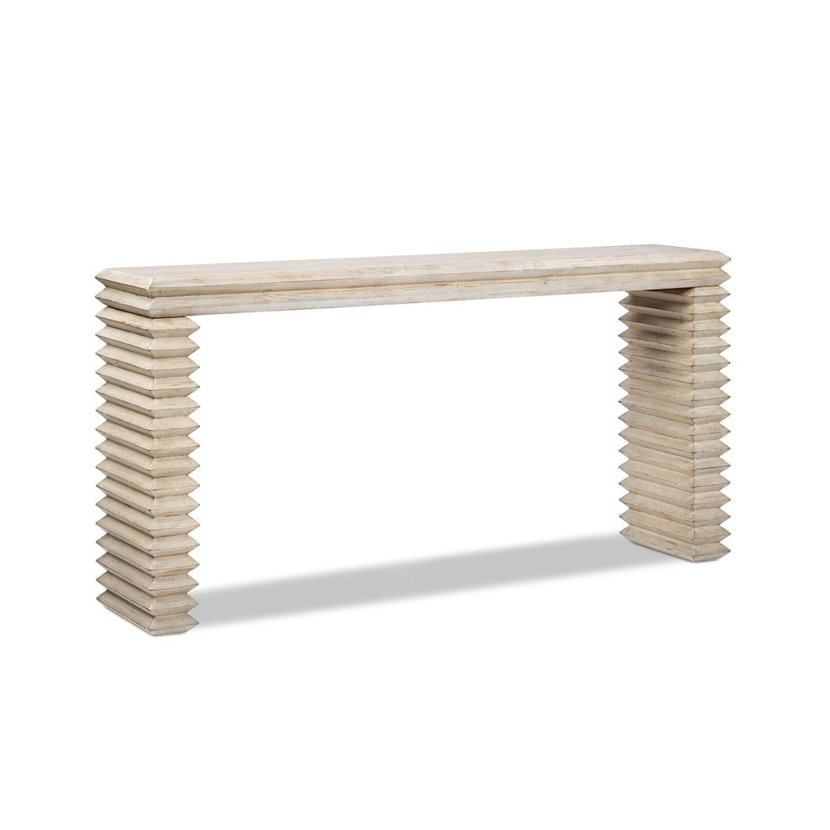 Geometric waterfall console table with wood and stacked block legs in light wood by HouseOfZazla on Tampa Home & Garden Store