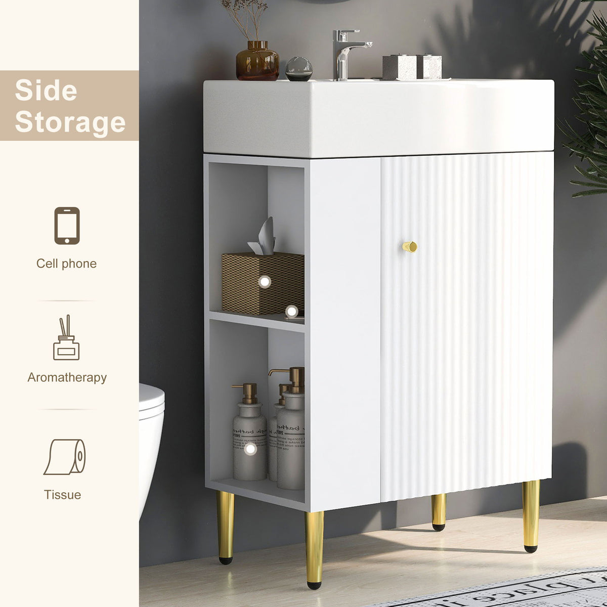 Bathroom vanity with ceramic sink, white gloss cabinet, side storage by HouseOfZazla on Tampa Home & Garden Store