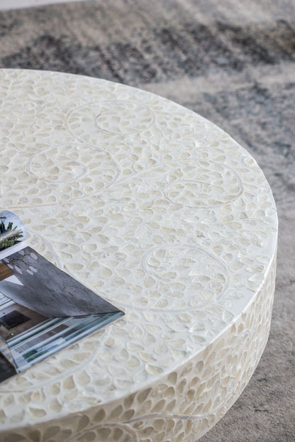 Capiz coffee table round with pedestal base in ivory white capiz mosaic by HouseOfZazla on Tampa Home & Garden Store