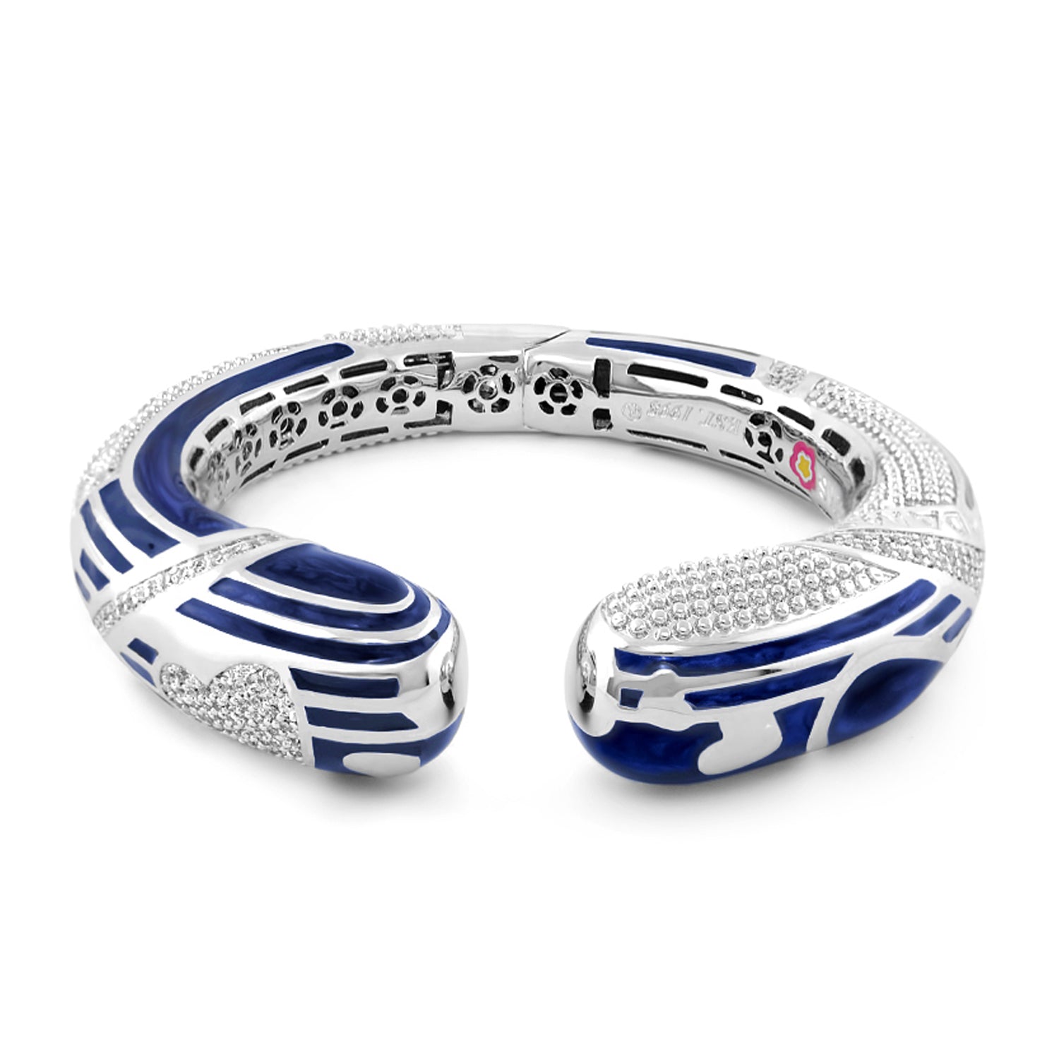 Sweetheart Bangle by Lauren G Adams, silver bracelet with blue enamel stripes and crystals on Tampa Home & Garden Store