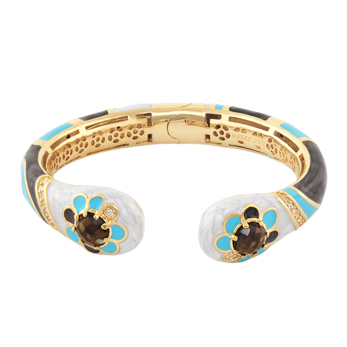Field of Flowers Bangle by Lauren G Adams, gold-tone hinged bracelet with turquoise flowers on Tampa Home & Garden Store