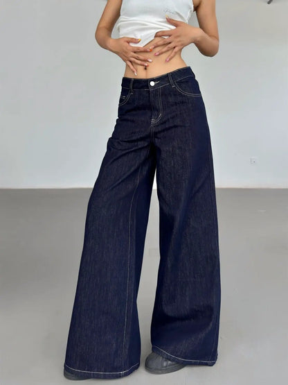 Fashion American Retro Wide Leg Jeans for Women in dark blue denim with contrast stitching on Tampa Home & Garden Store