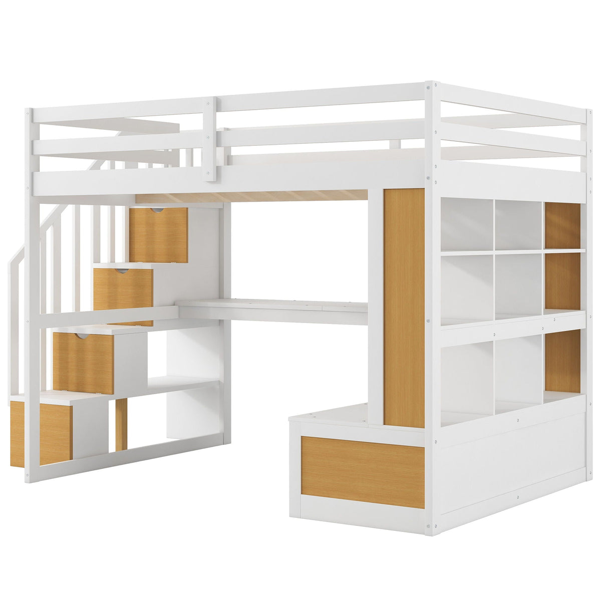 Full size loft bed with desk and shelves storage stairs, 2 drawers, natural/white on Tampa Home & Garden Store