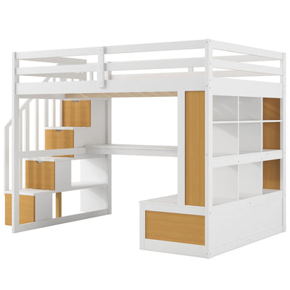 Full size loft bed with desk and shelves storage stairs, 2 drawers, natural/white on Tampa Home & Garden Store