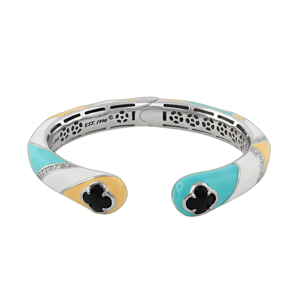 Clover and Clover Again hinge cuff bracelet turquoise and yellow enamel silver tone on Tampa Home & Garden Store