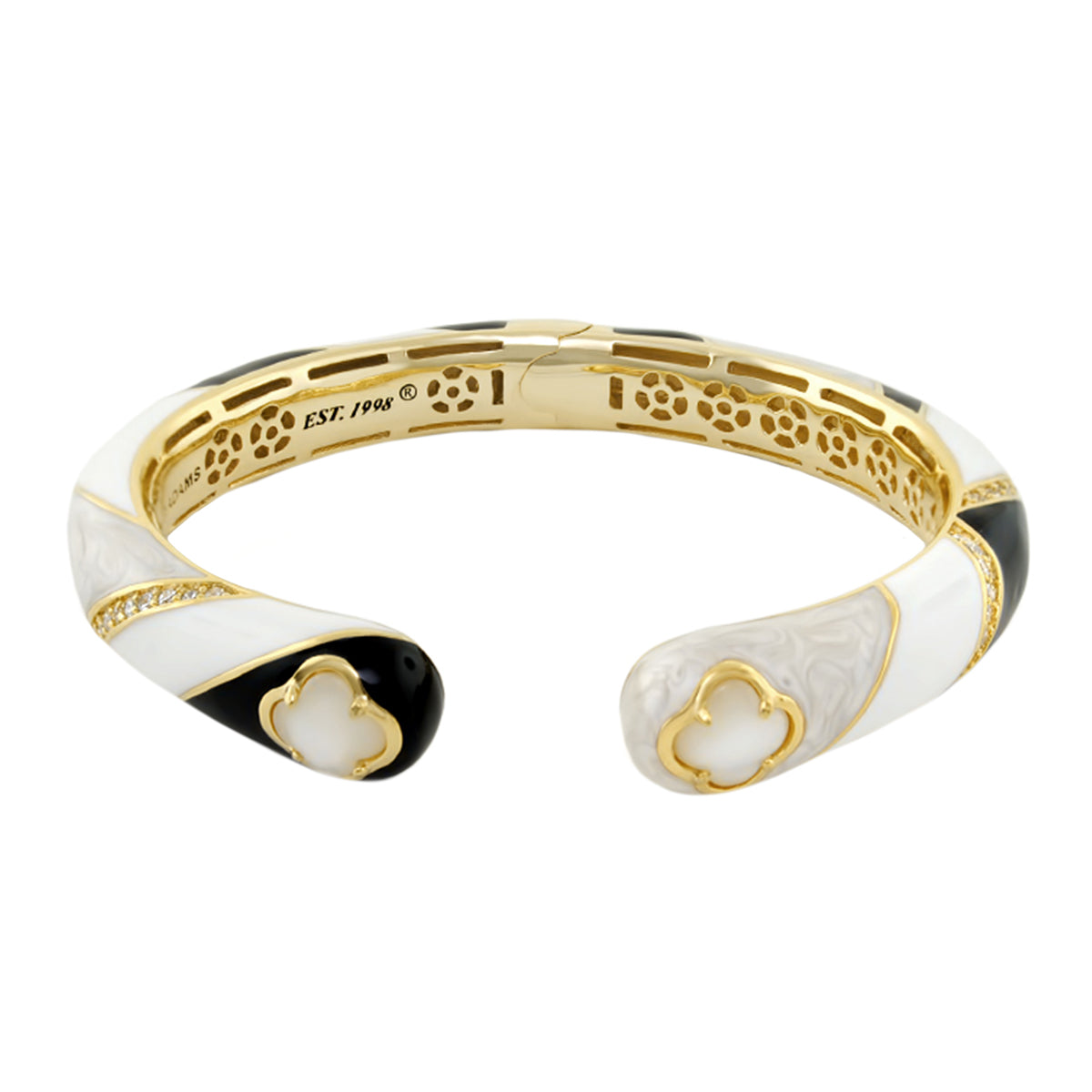 Clover and Clover Again hinge cuff bracelet white enamel gold-tone with clover accents on Tampa Home & Garden Store