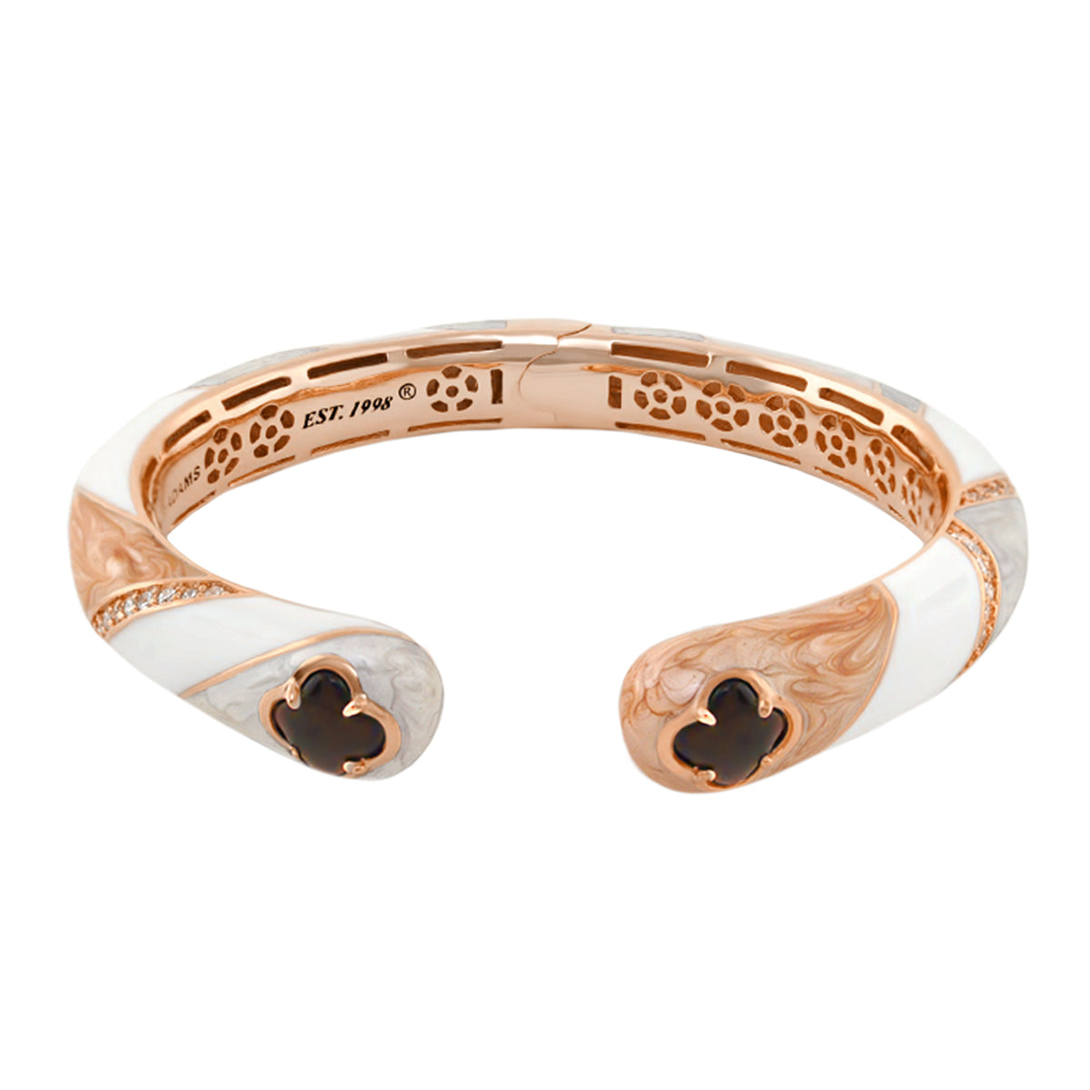 Clover and Clover Again Hinged Cuff bracelet by Lauren G Adams in rose gold with white enamel on Tampa Home & Garden Store