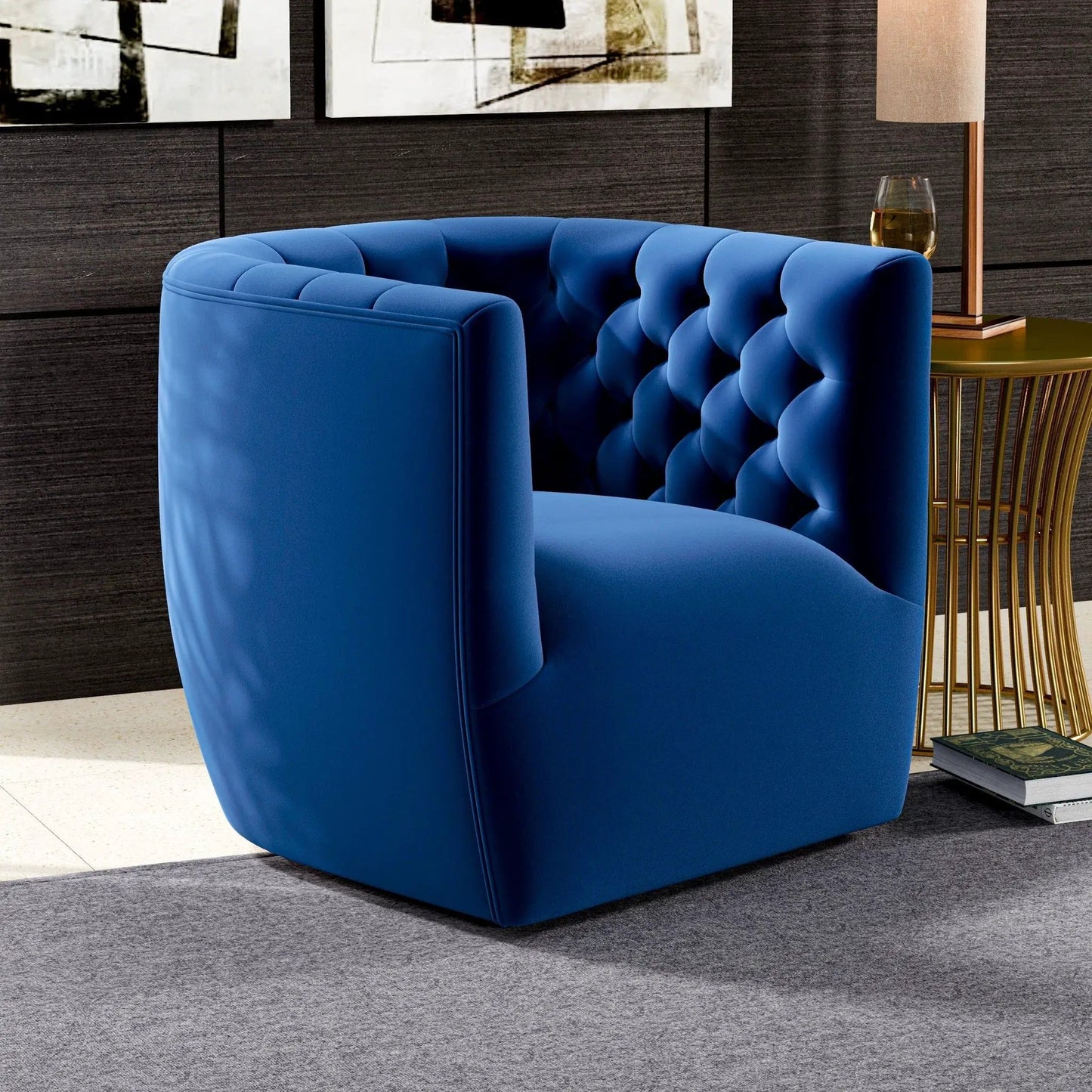 Delaney ergonomic swivel chair in blue tufted velvet with curved back for a modern lounge look on Tampa Home & Garden Store
