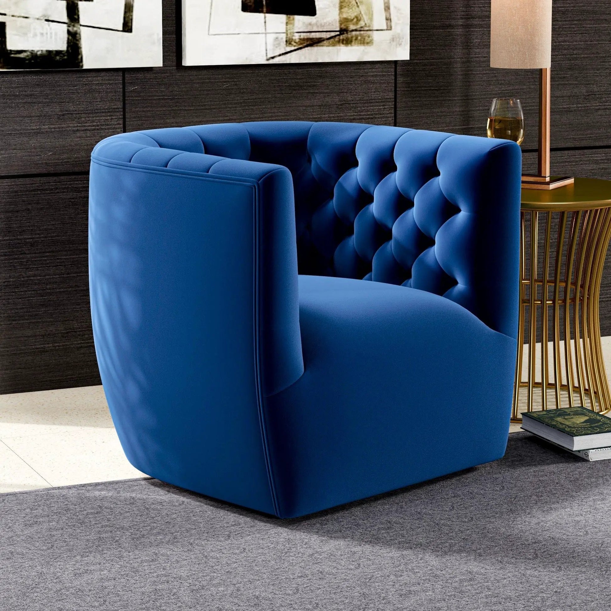 Delaney ergonomic swivel chair in blue tufted velvet with curved back for a modern lounge look on Tampa Home & Garden Store