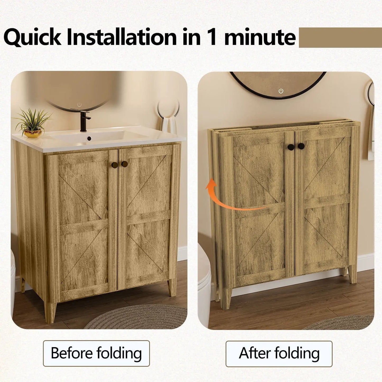 Folding floor vanity with ceramic sink in rustic wood finish by Unique Piece Furniture on Tampa Home & Garden Store