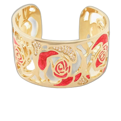 Rose Petal Cuff Bangle by Lauren G Adams, gold-tone bracelet with enamel flowers and crystals on Tampa Home & Garden Store
