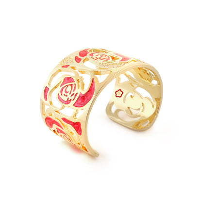 Gold-tone Rose Petal Cuff Bangle with pink enamel roses, floral design by Lauren G Adams on Tampa Home & Garden Store