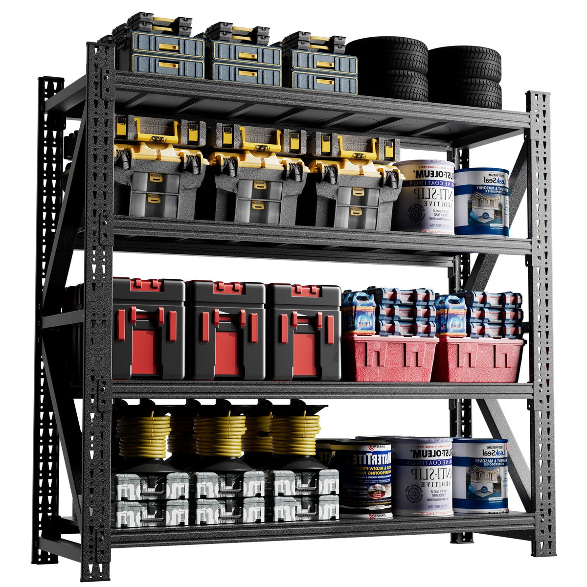 4-shelf black garage shelving unit with adjustable steel frame holds tires and tool organizers on Tampa Home & Garden Store