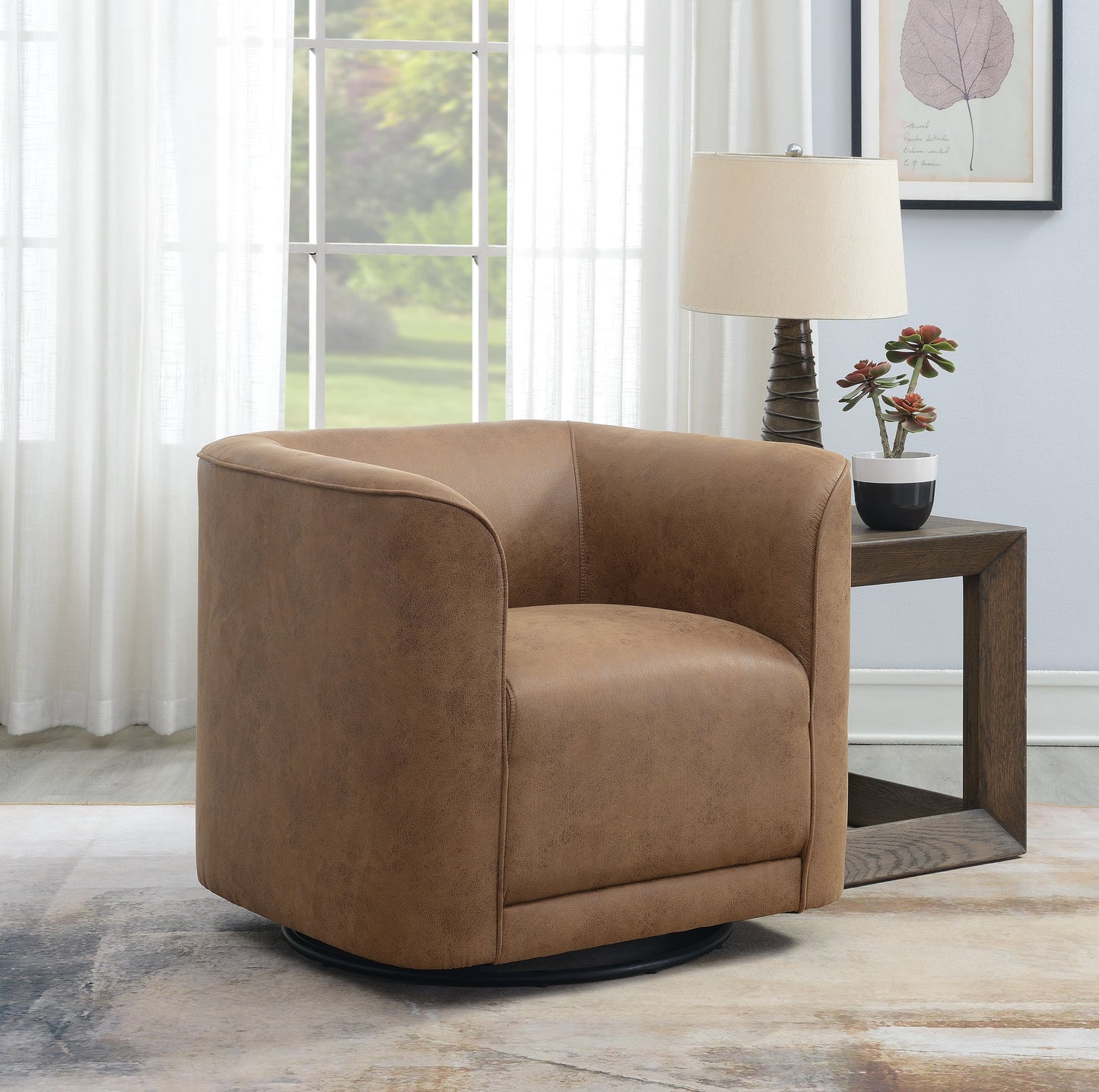 Brown Swivel Accent Chair with leather-look upholstery and swivel base on Tampa Home & Garden Store