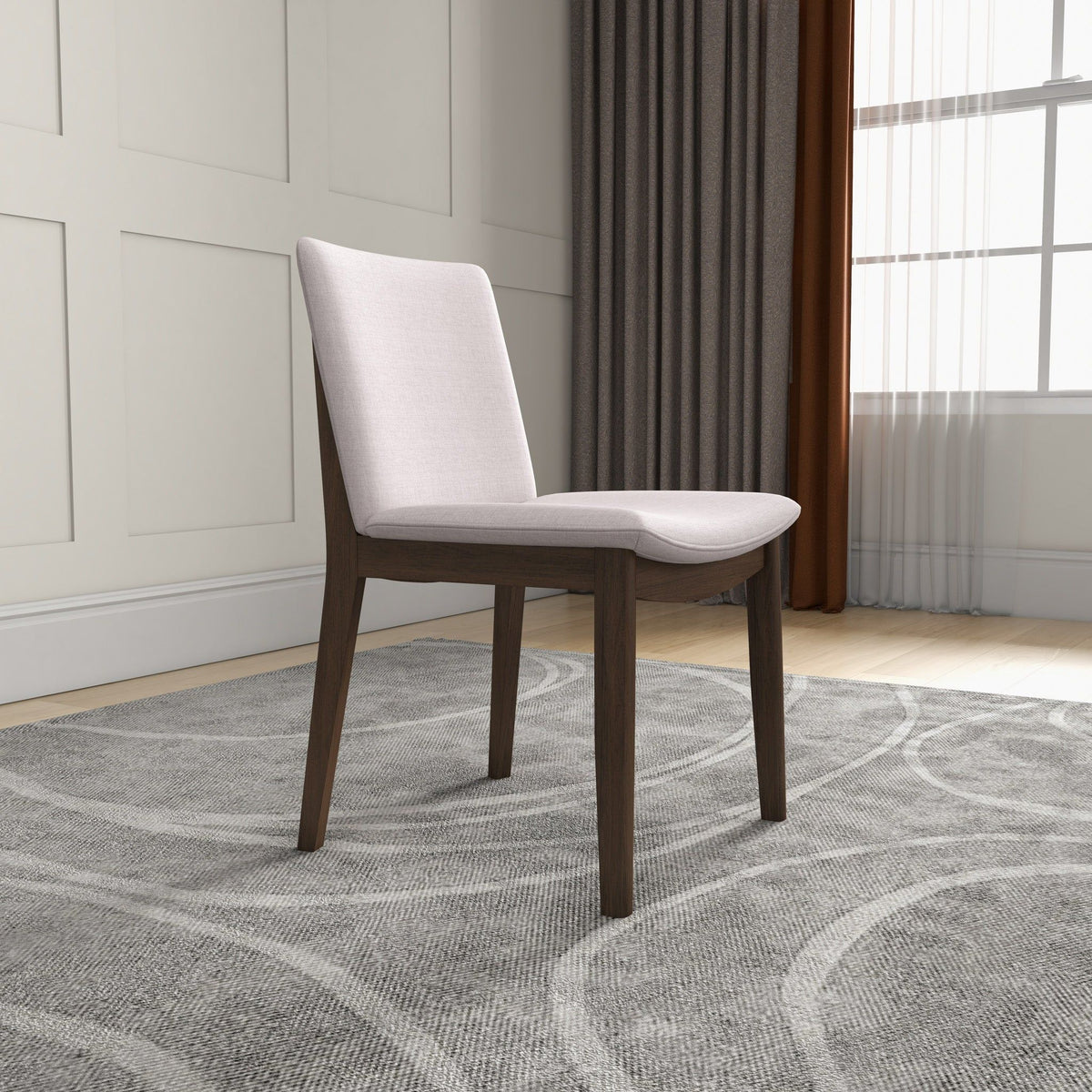 Mid-Century Modern solid wood dining chair set with beige fabric upholstery and dark legs on Tampa Home & Garden Store