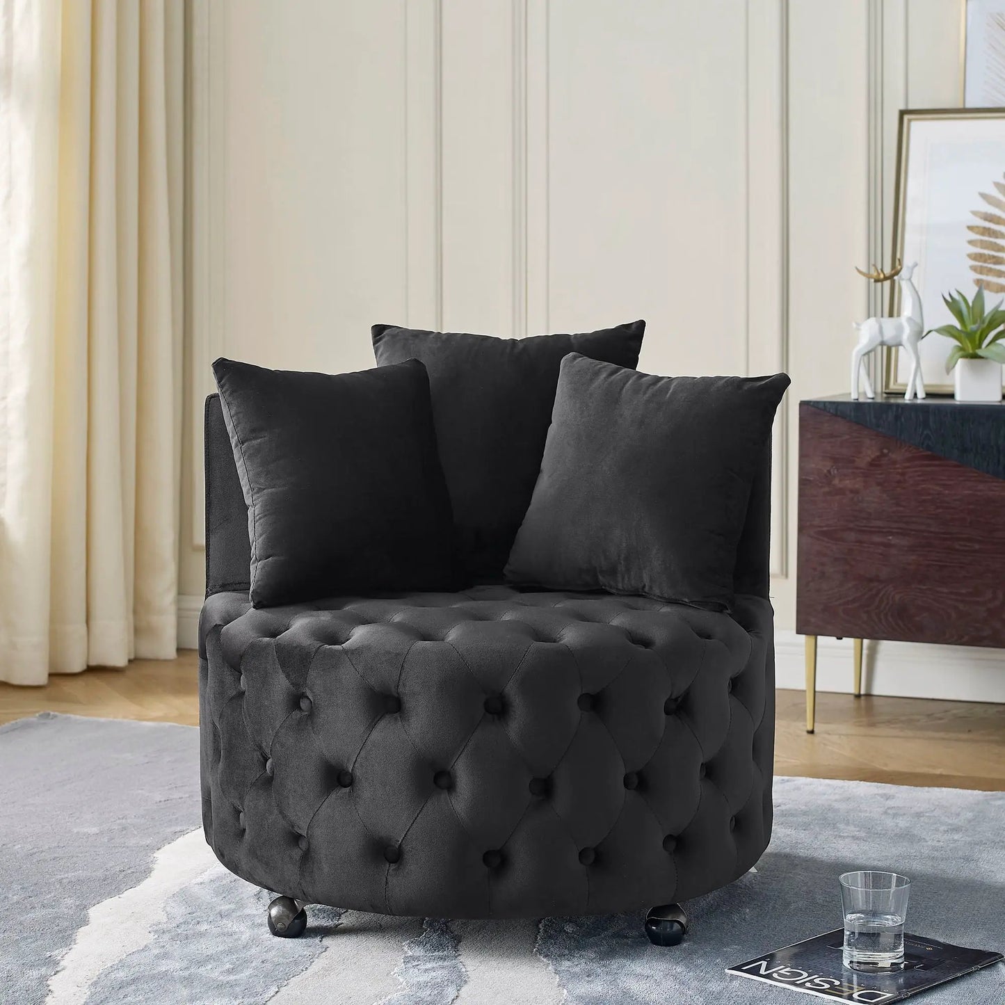 Modern upholstered swivel chair with black button tufting and casters by Unique Piece Furniture on Tampa Home & Garden Store