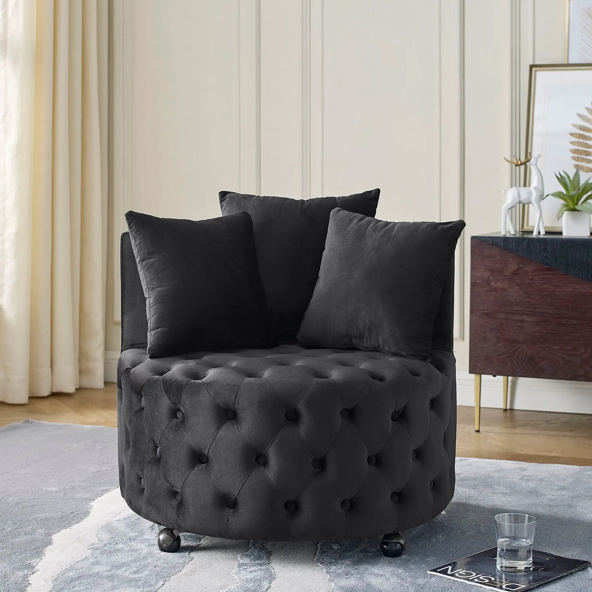 Modern upholstered swivel chair with black button tufting and casters by Unique Piece Furniture on Tampa Home & Garden Store