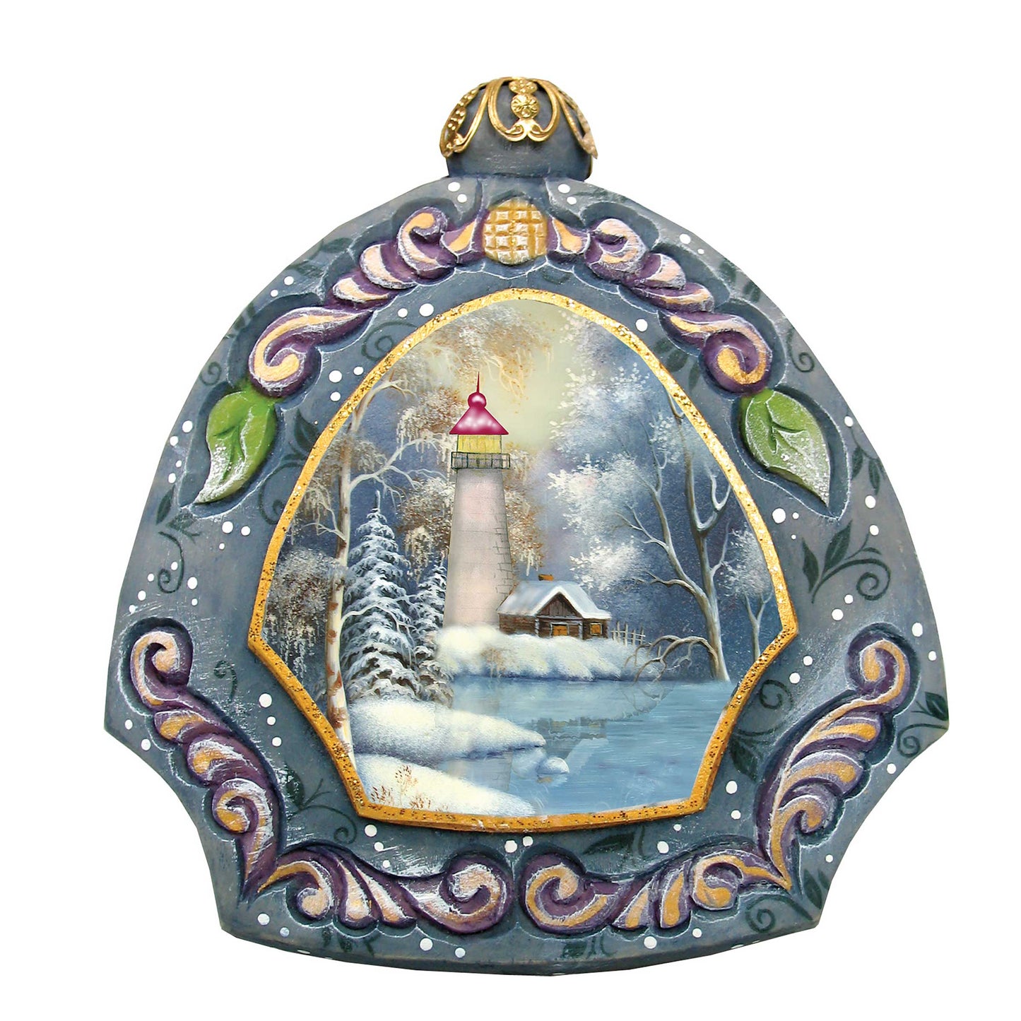 Harbor Light sculpted ornament by G. DeBrekht with lighthouse scene in blue arch on Tampa Home & Garden Store
