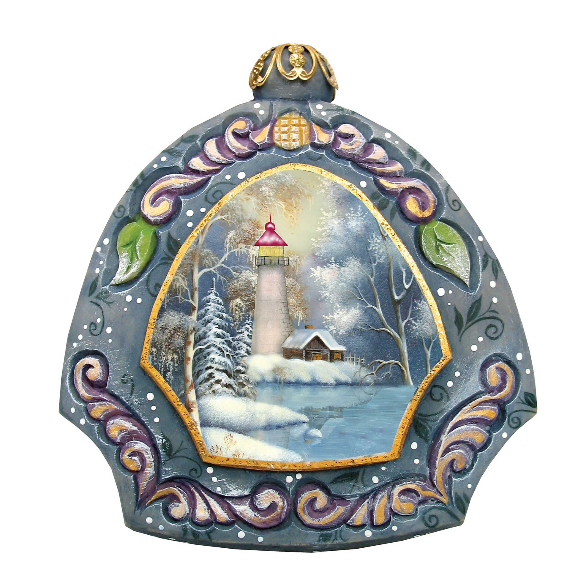 Harbor Light sculpted ornament by G. DeBrekht with lighthouse scene in blue arch on Tampa Home & Garden Store
