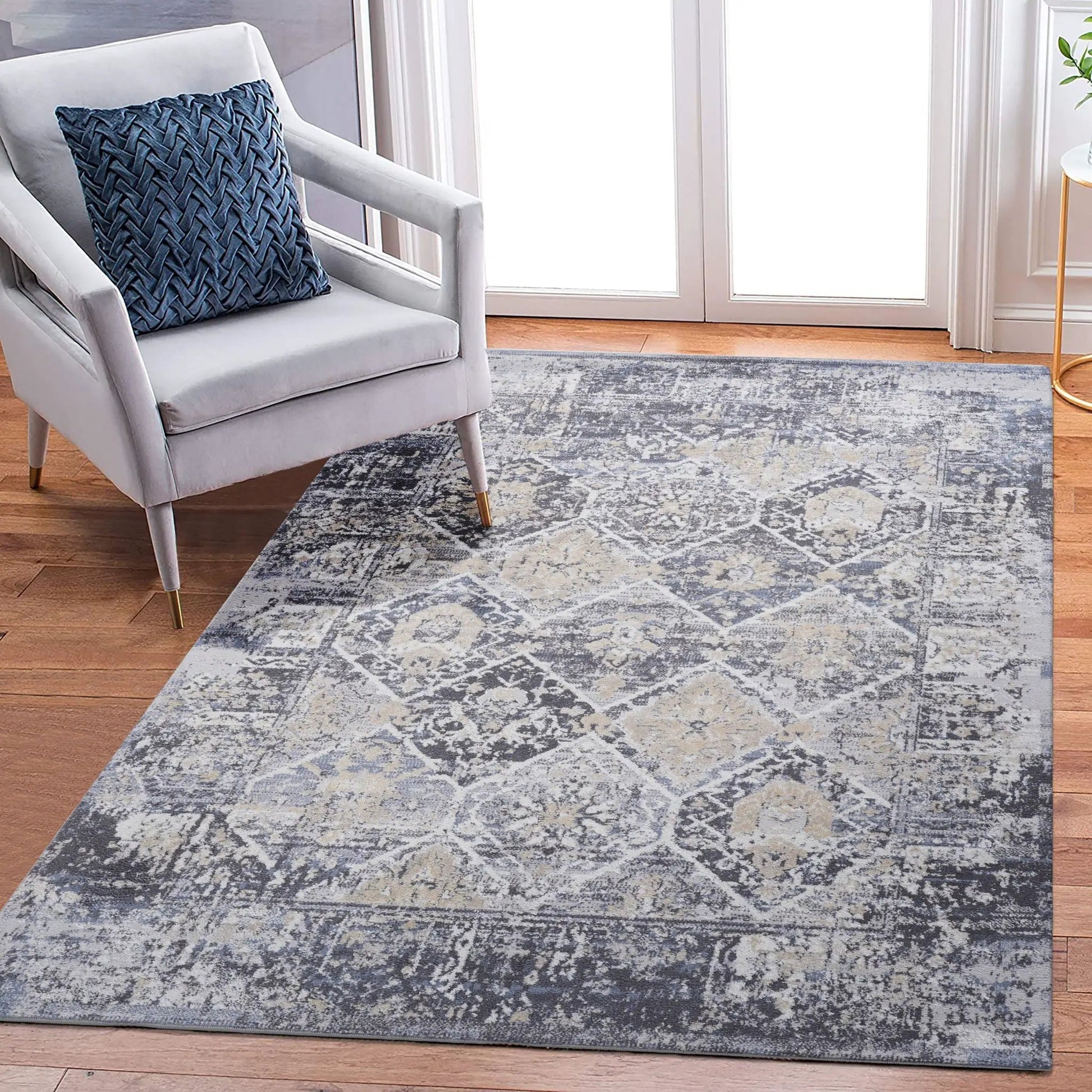 Payas Traditional Area Rug in blue-gray with a distressed medallion pattern on Tampa Home & Garden Store