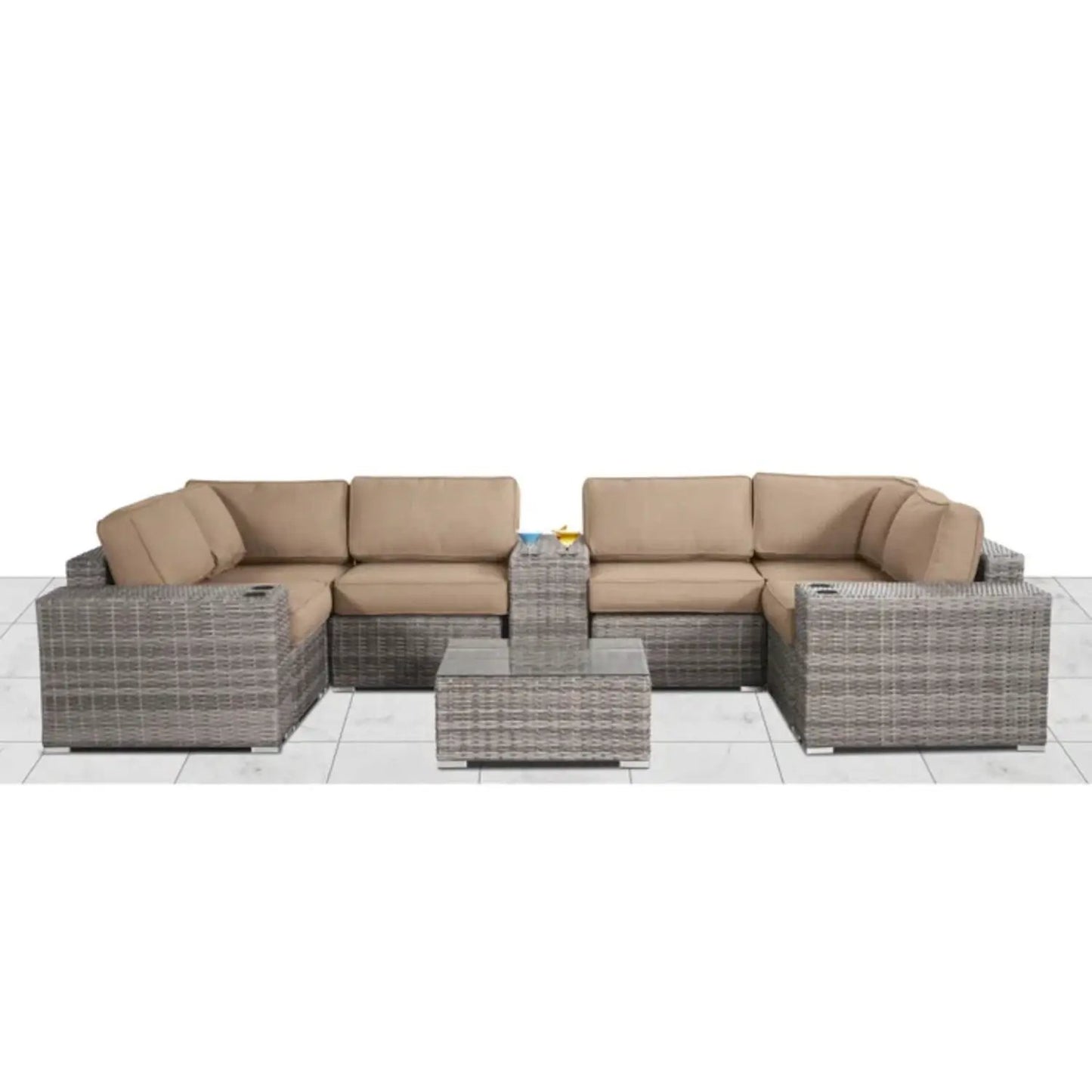 Modern patio rattan sectional set with beige cushions and coffee table by Unique Piece on Tampa Home & Garden Store
